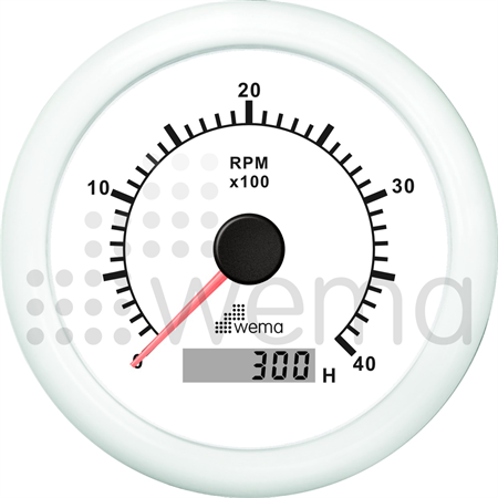 Varvräknare 4000 varv (diesel) 85 mm, med timräknare, vit