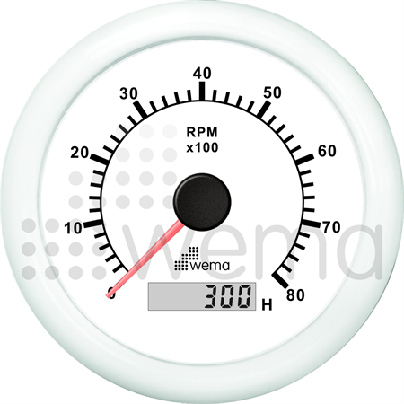 Tachometer 8000 rpm w hour meter white