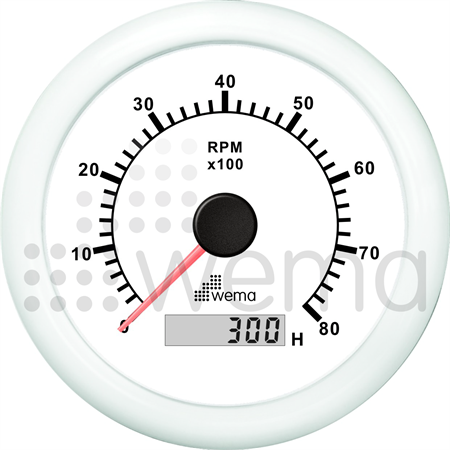 Varvräknare 8000 varv, 85 mm, med timräknare, vit